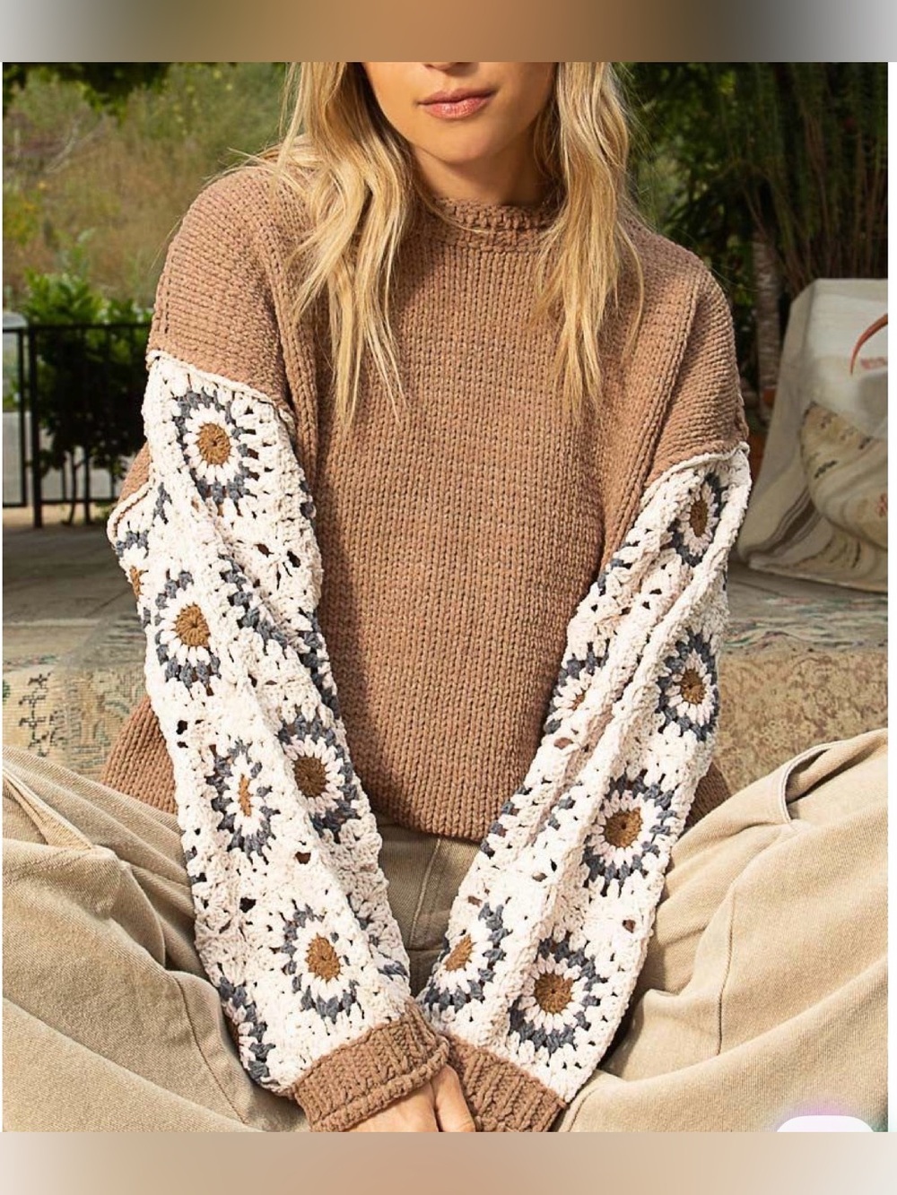 POL Brown Chunky Knit Sweater Crochet Granny Square Sleeve Boho Size S